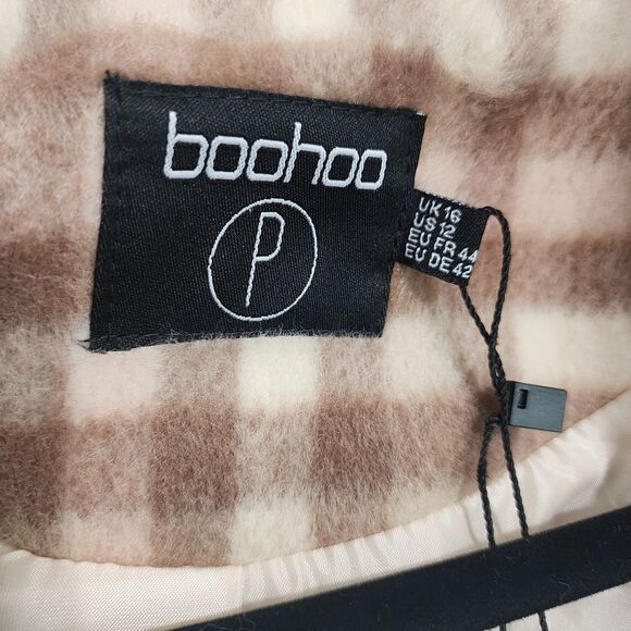Boohoo coat jacket trench cream tan pink plaid Boho Western Work 12p Nwt - Picture 6 of 6